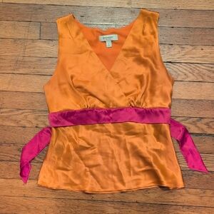 Isaac Mizrahi Orange Satin Blouse with Pink Sash